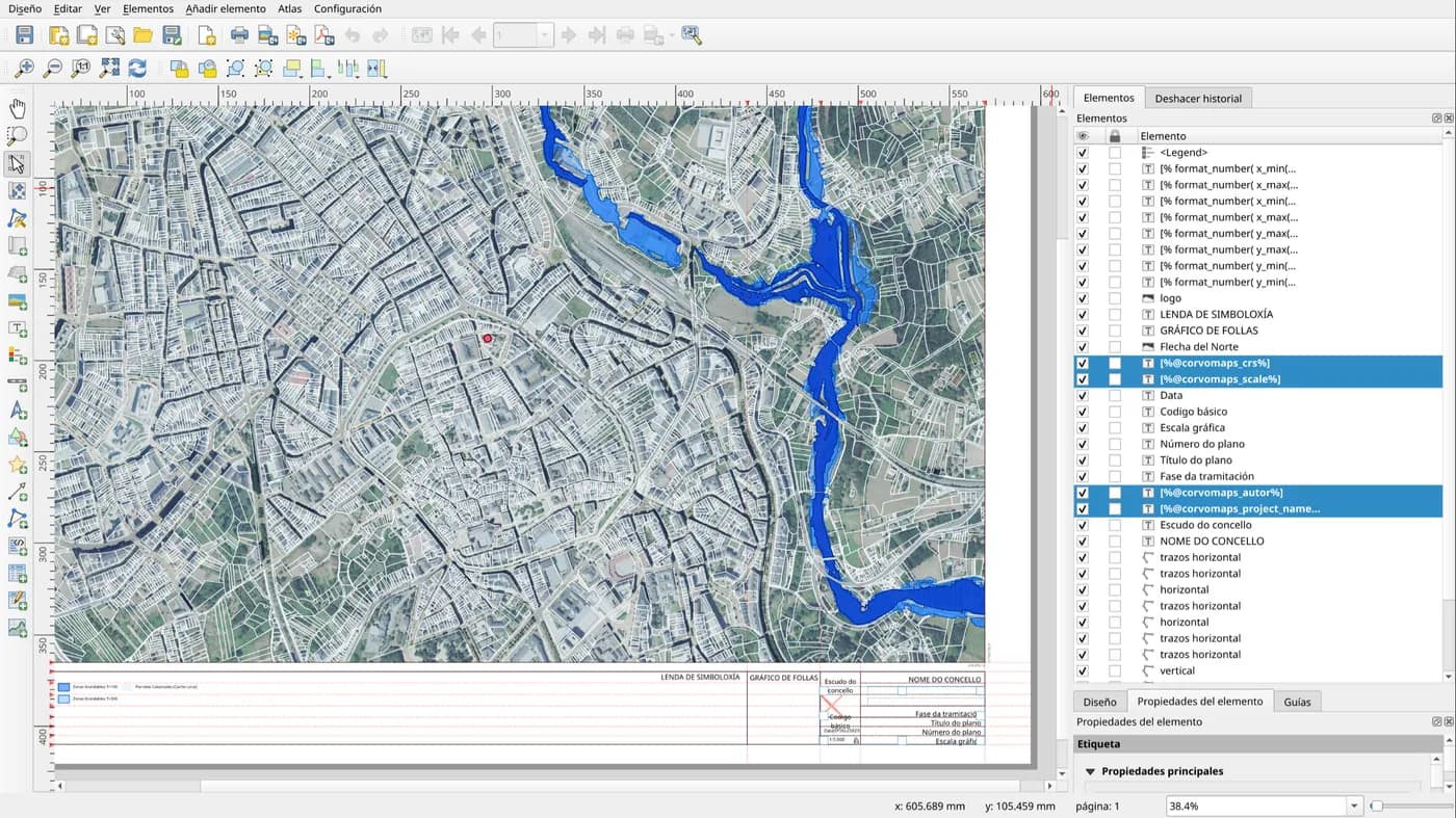 Editor de layouts de QGIS con plantilla NTPG: mapa, cajetín normalizado, leyenda y barra de escala
